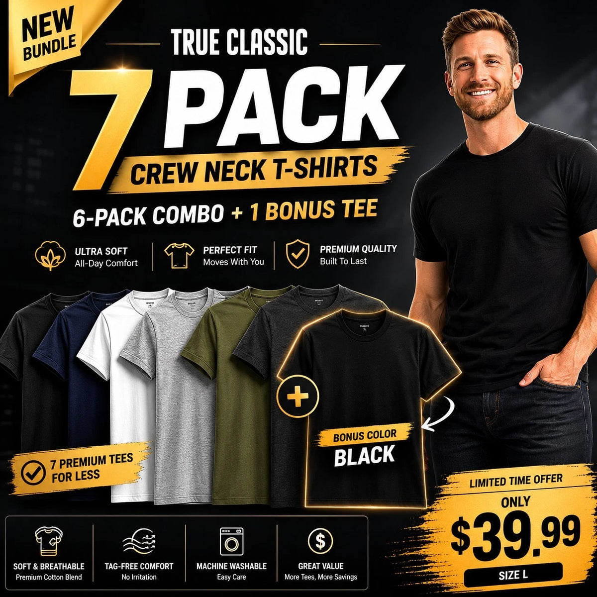 🔥 True Classic 7-Pack Crew Neck T-Shirts | Size L | + Bonus Black Tee