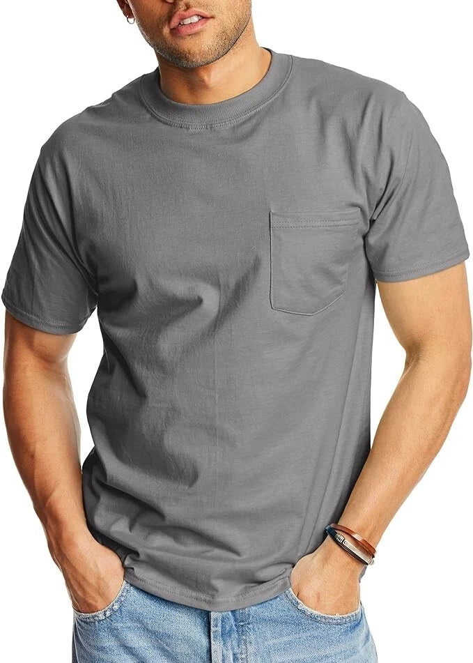 Hanes Mens T Shirt Beefy  Pocket 100%Cotton Short Sleeve Smoke Gray Small-Medium