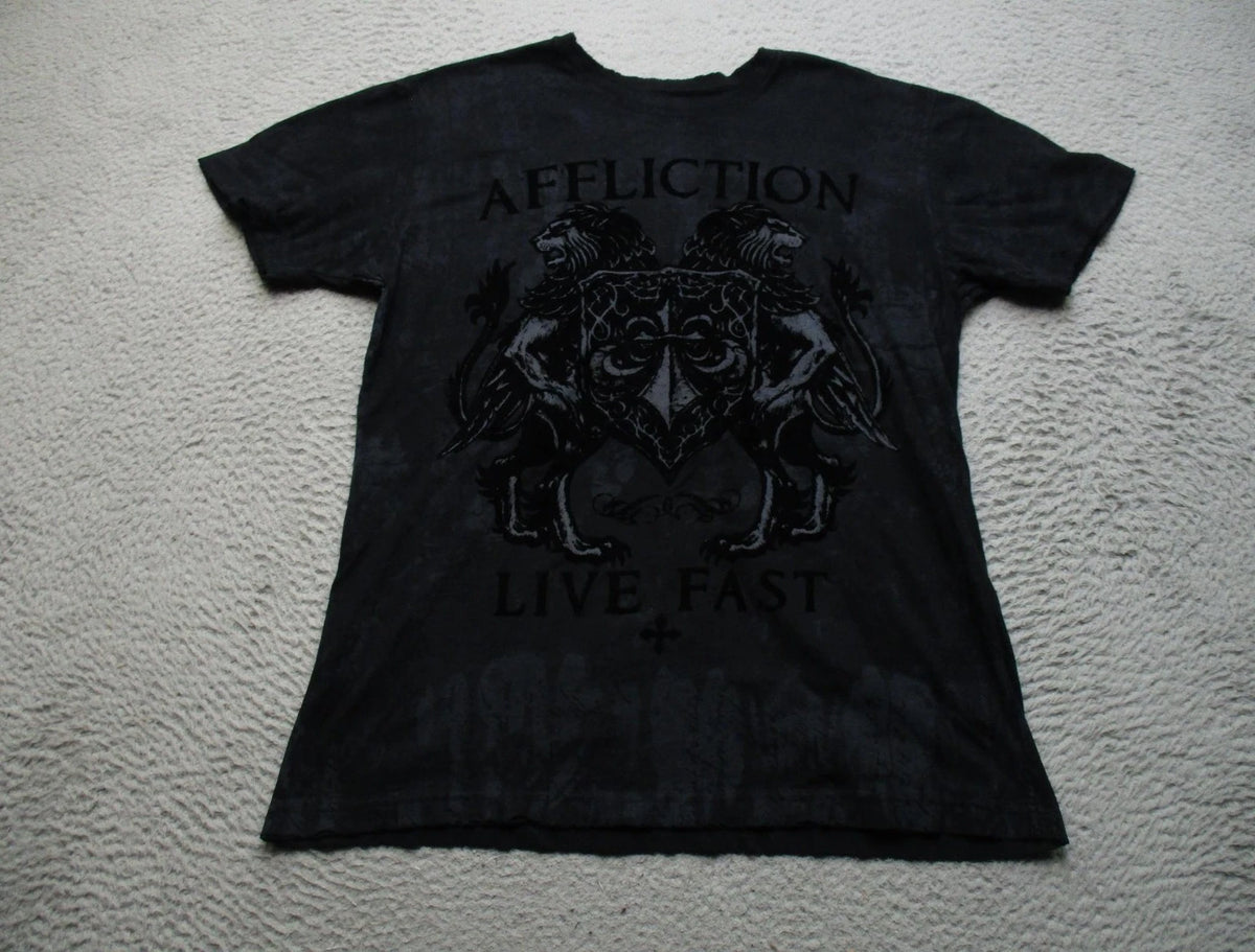 Affliction Shirt Mens Medium Black Live Fast Lions Cross Gothic Graphic Tee Y2K