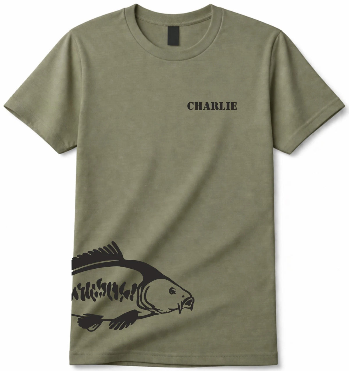 Personalised Carp Fishing T Shirt Mens Angler Tee Custom Name Gift Olive Green
