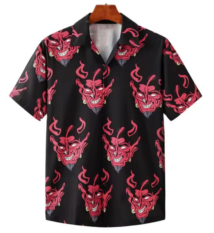 Mens Button Down Shirts Funny Devil Printed Hawaiian Tops Novelty Ugly Gag Gifts