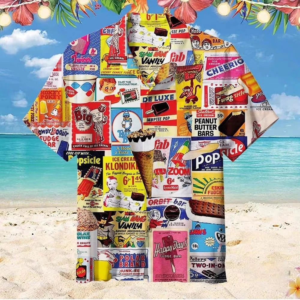 Mens Button Down Ice Cream Pop Graphic Hawaiian Top Novelty Holiday Gift Shirt