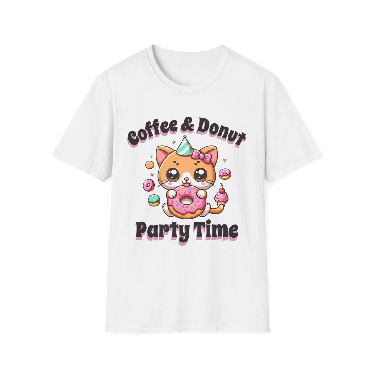 Coffee & Donut Party Time T-Shirt | Cute Cat Donut Design