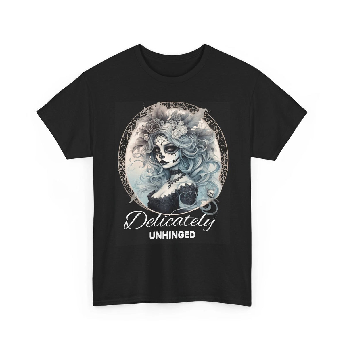 Delicately Unhinged Gothic T-Shirt – Gray Design on Black Tee