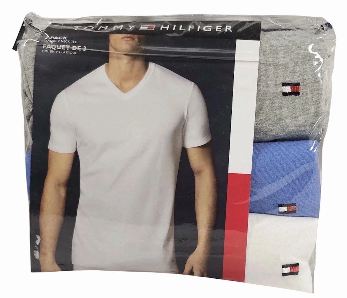 Tommy Hilfiger 3 Pk Classic V-Neck T-Shirts Gray Blue White Cotton Size large
