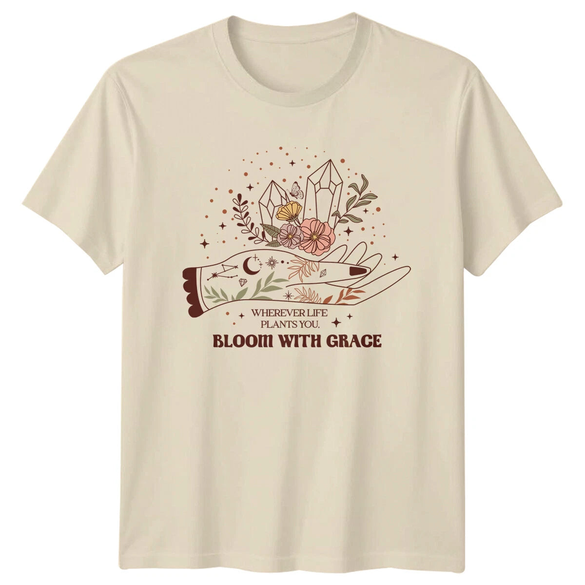 Wherever Life Plants You Bloom With Grace Boho Celestial T-Shirt