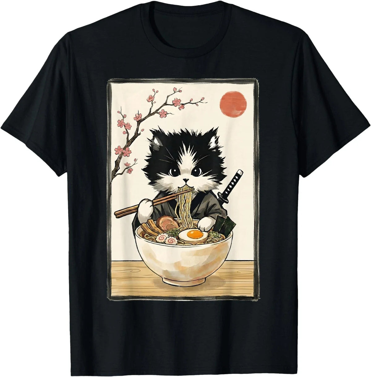 Samurai Cat Japanese Art Ramen Novelty Kawaii Funny Cat T-Shirt