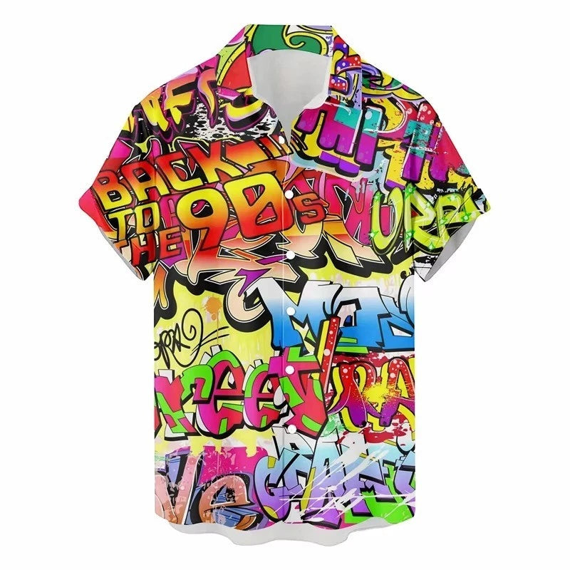 Mens Button Down Retro Back to the 90s Graffiti Neon Hawaiian Top Summer Shirt