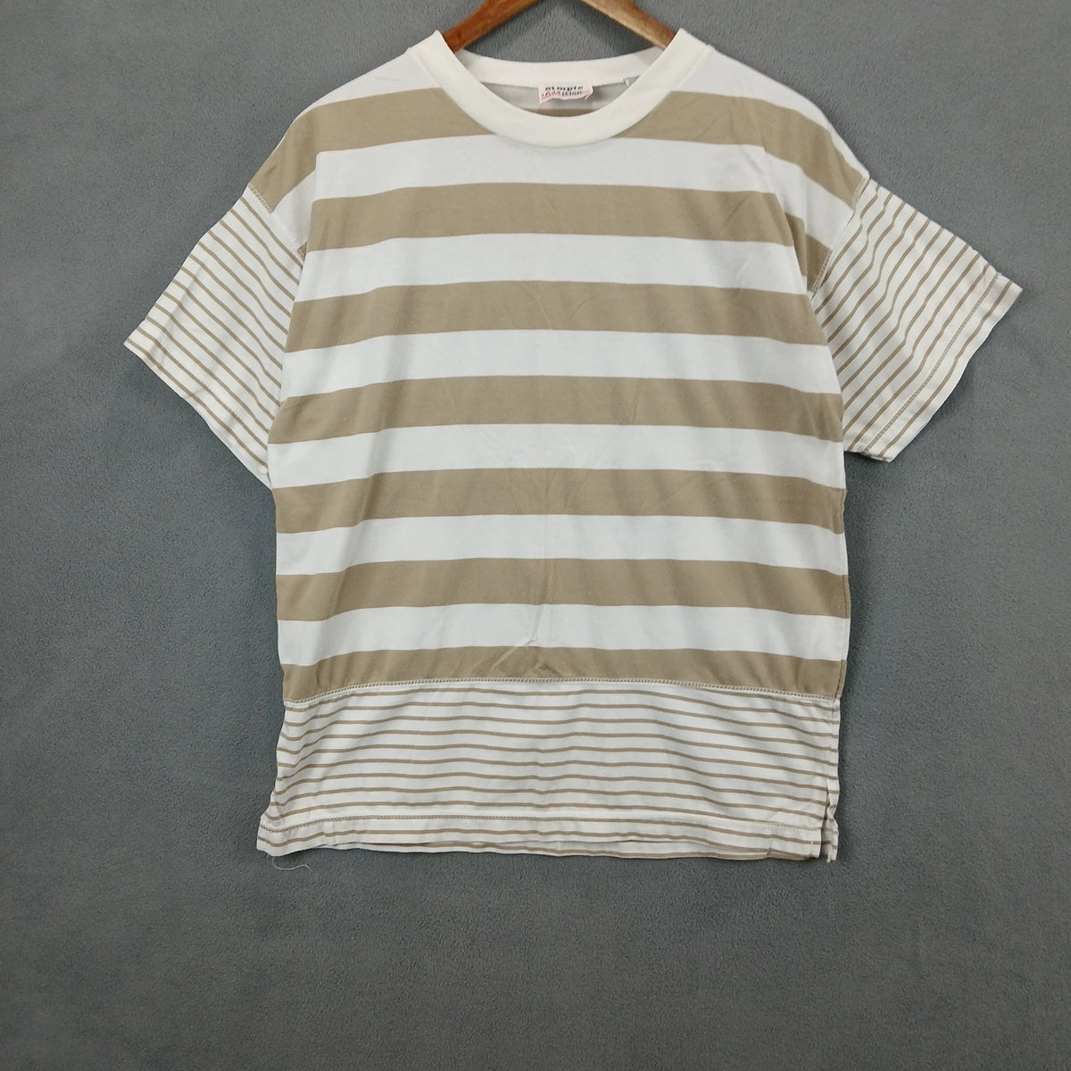 Simple Addition T-Shirt Mens Medium White Brown Striped Casual Short Sleeve