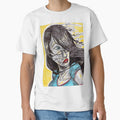 Hand Drawn Woman Portrait T-Shirt - Original Sketch Art | Blue Eyes Red Lips Yellow Glow by SketchMcKenzie