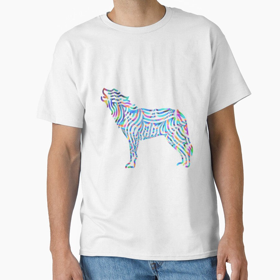 rainbow psychedelic holographic line art wolf howling design by Zevy-Darling