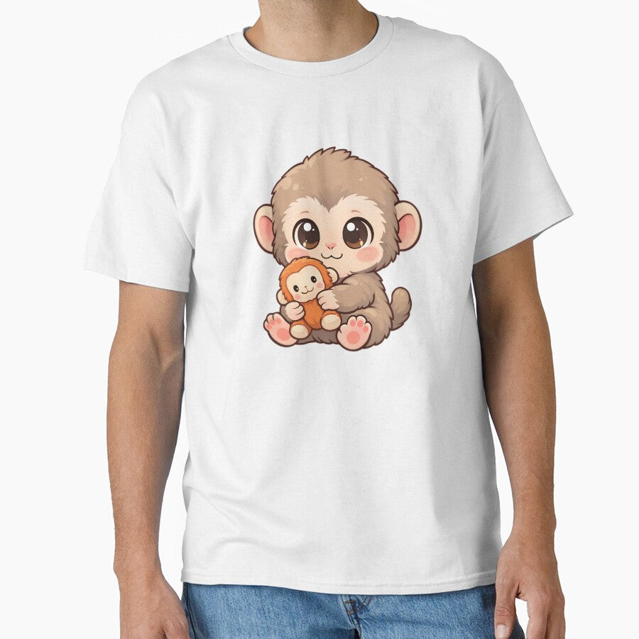 Cute Baby Monkey With Plush Toy Kawaii Animal Meme Sticker & T-Shirt by Mandardesigns09