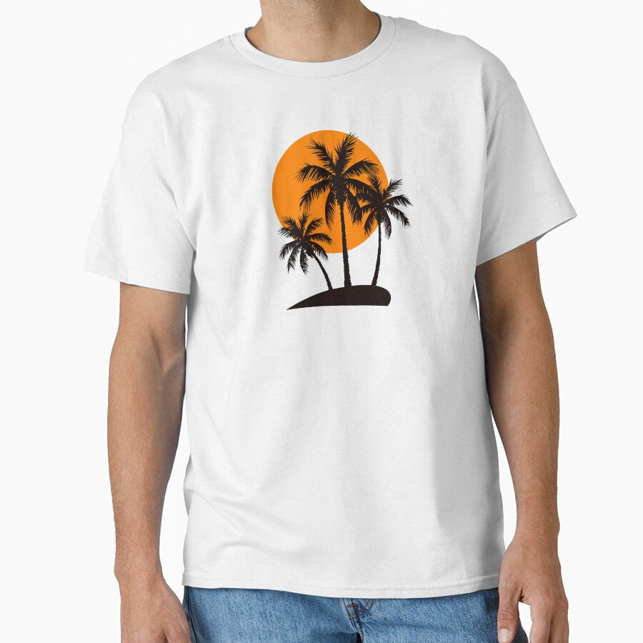 Beach Vacation T-Shirt – Palm Tree Island Sunset Outfit Graphic Tee by VikArtStudio