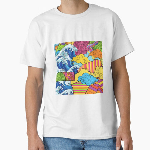 Abstract Japanese Pop Art Waves Collage | Ukiyo-e Style Ocean & Colorful Stripes | Maximalist Aesthetic Design by Badis  Mardessi