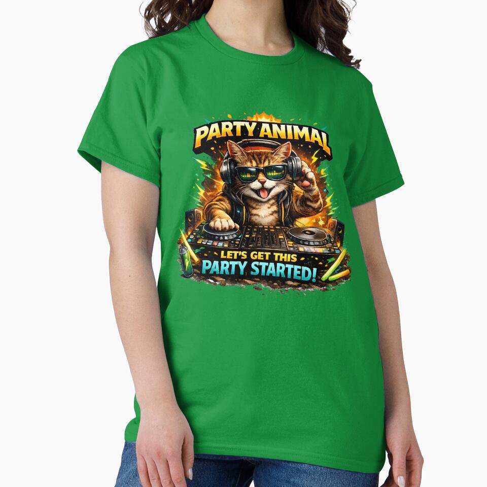 Party Animal DJ Cat Funny T-Shirt | Cool Music Lover Trendy Graphic Design by Nixora