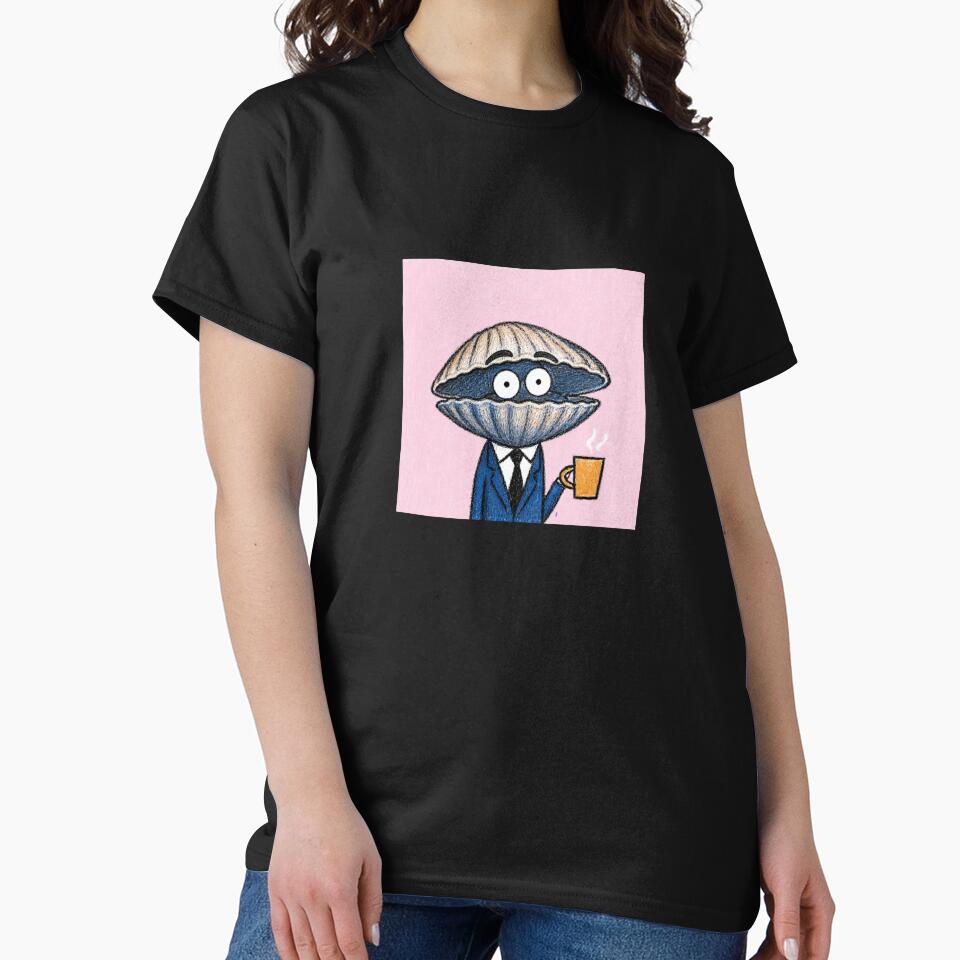 Funny Clam in Suit Drinking Coffee – Cute Business Clam Cartoon Art by 516 Studio