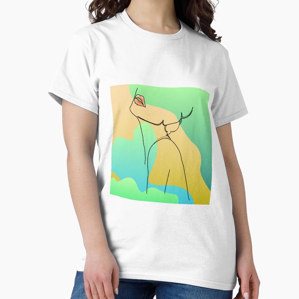 Woman line drawing green yellow. Face , hair ,neck, shoulder  and abstract mixed colors background , modern art by SGS-