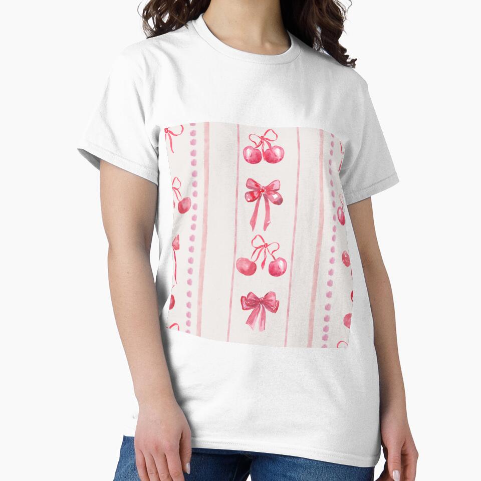 Pink &Red CuteCoquette Preppy Aesthetic Bows and Cherries Stripes in Watercolor by aneladesigns
