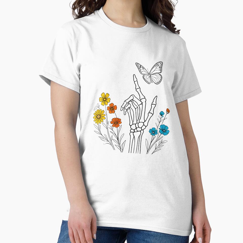 Skeleton Hand Butterfly Floral Line Art – Dark Botanical Design by truongloc246