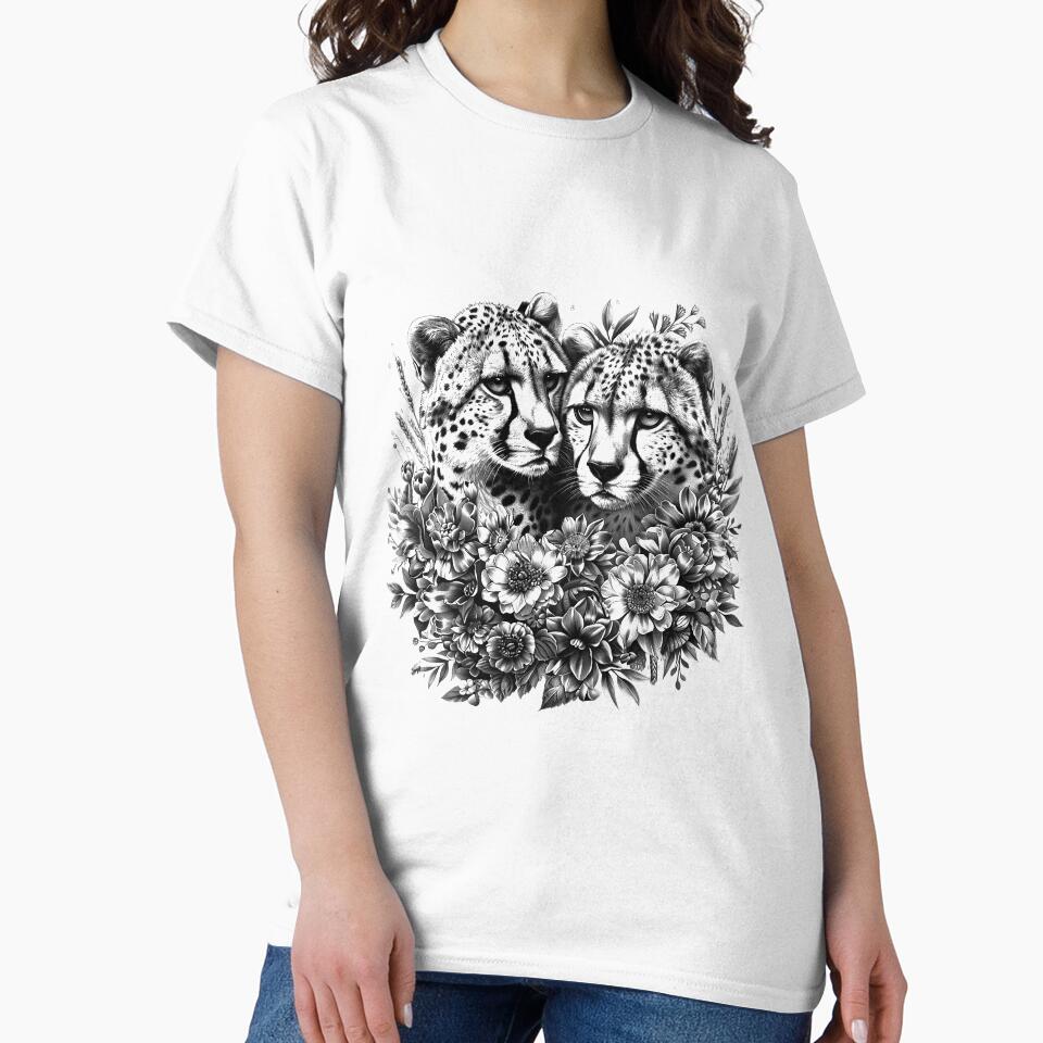 Cheetahs with Flowers – Black and White Elegant Wildlife Floral Illustration by inkoutninja