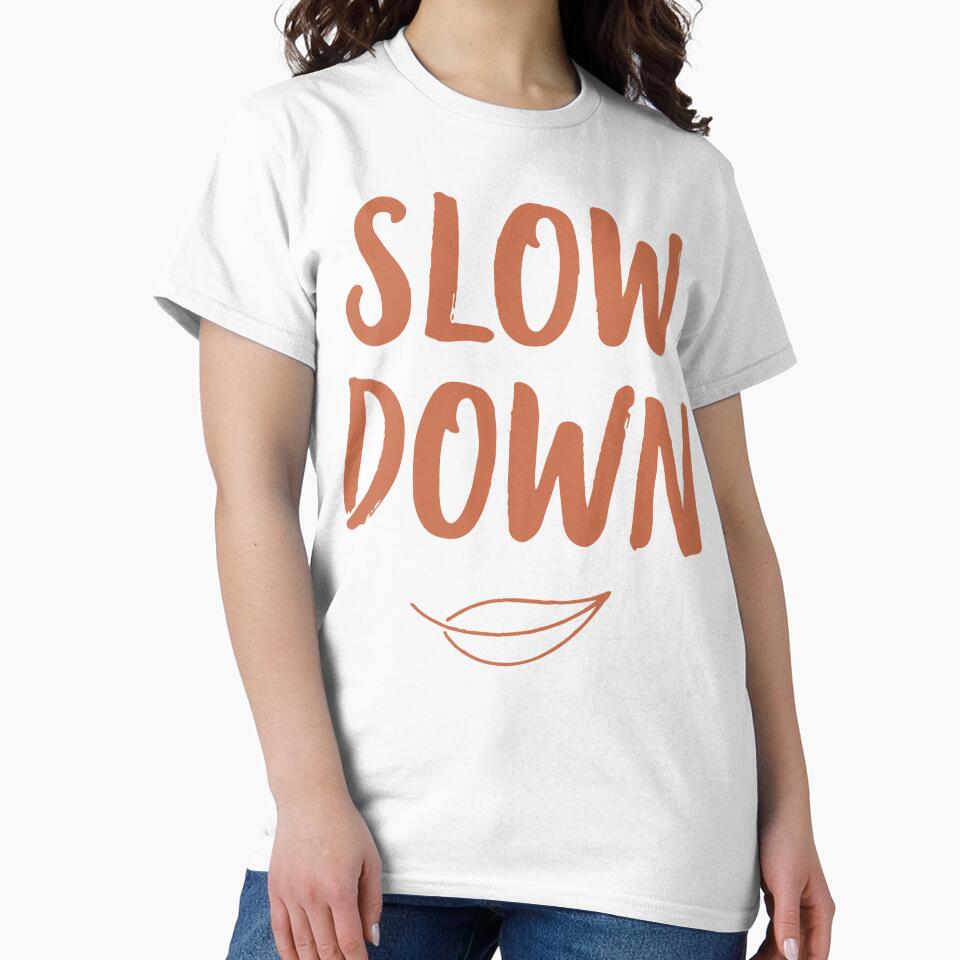 Handwritten  Slow Down  lettering with a simple leaf icon on a white background, a minimal motivational quote promoting mindfulness, relaxation by Dejbar