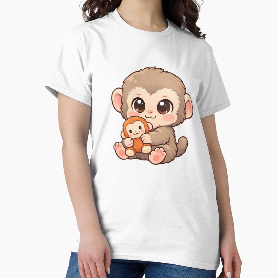 Cute Baby Monkey With Plush Toy Kawaii Animal Meme Sticker & T-Shirt by Mandardesigns09
