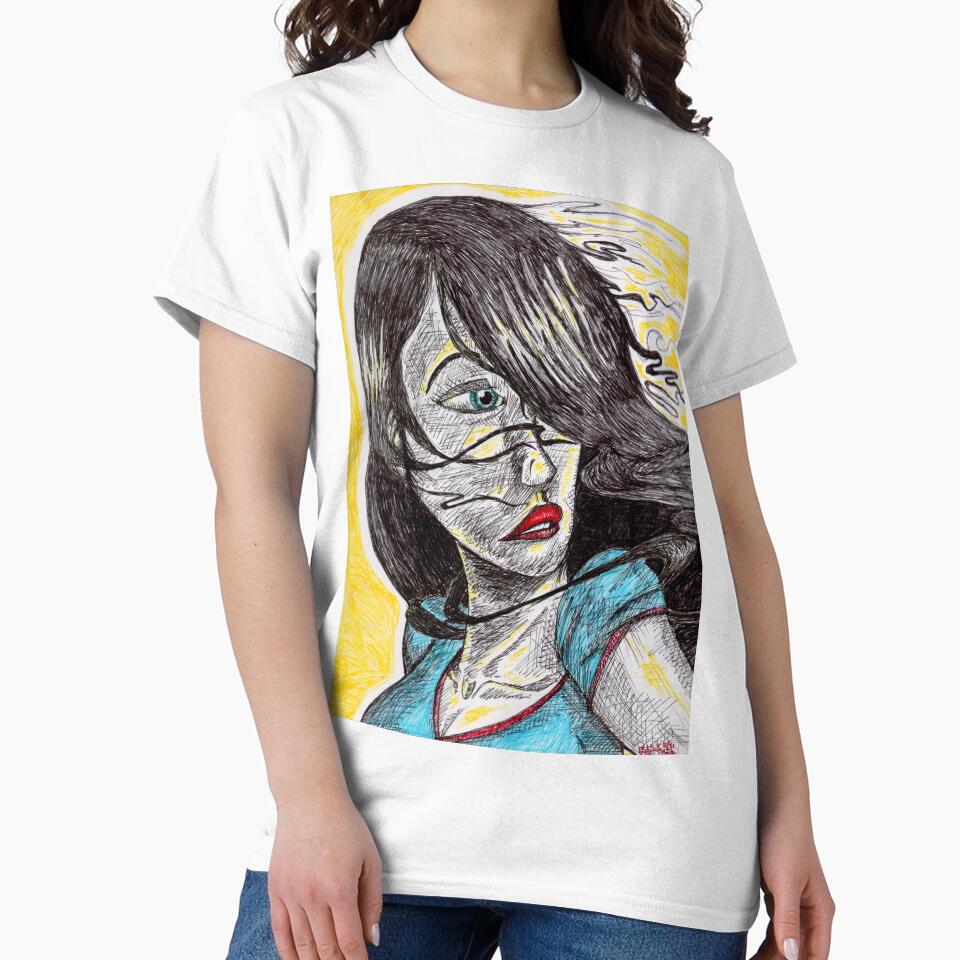 Hand Drawn Woman Portrait T-Shirt - Original Sketch Art | Blue Eyes Red Lips Yellow Glow by SketchMcKenzie