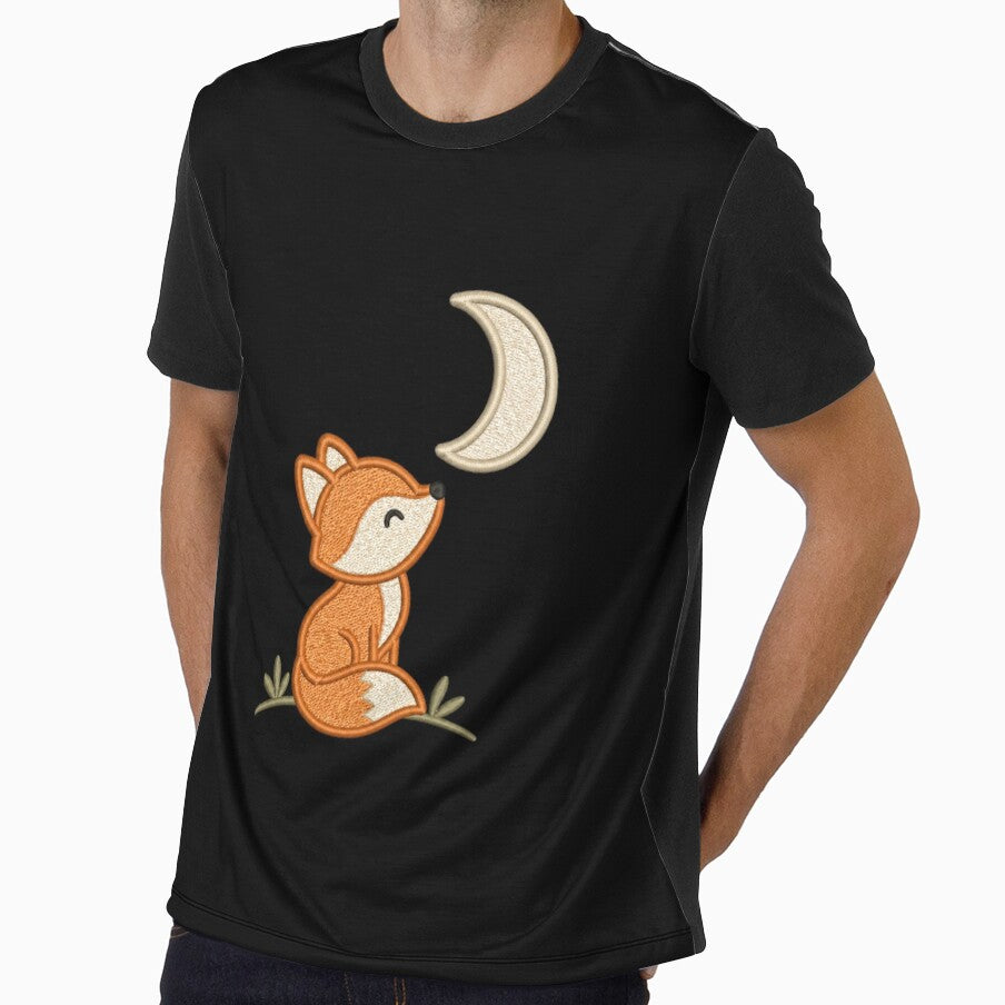 Minimal Fox Under Crescent Moon | Cute Embroidery Style Design by ColorSplash123