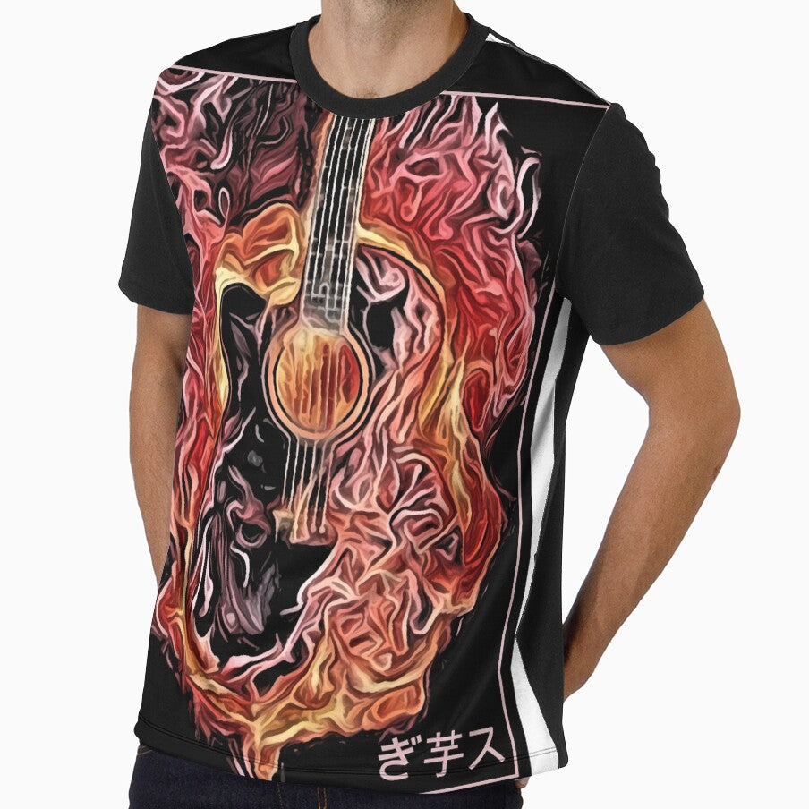 Guitar on fire with japanese text - music minimal abstract art in black by hasbeenz