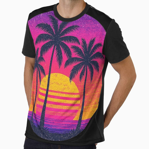 1980s Retro Neon Sunset - Vintage Palm Trees Circle by Novalovestudio