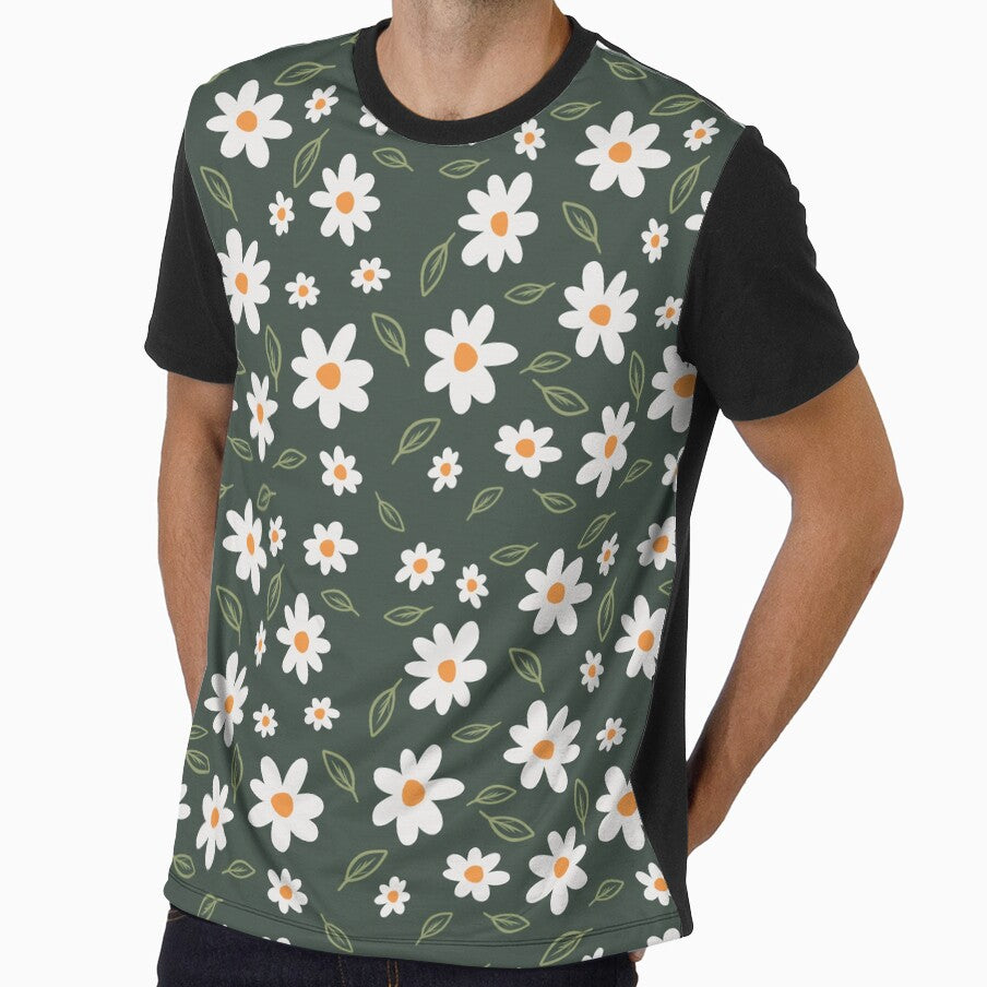 Daisies Pattern on Khaki Green Background by Michouprint