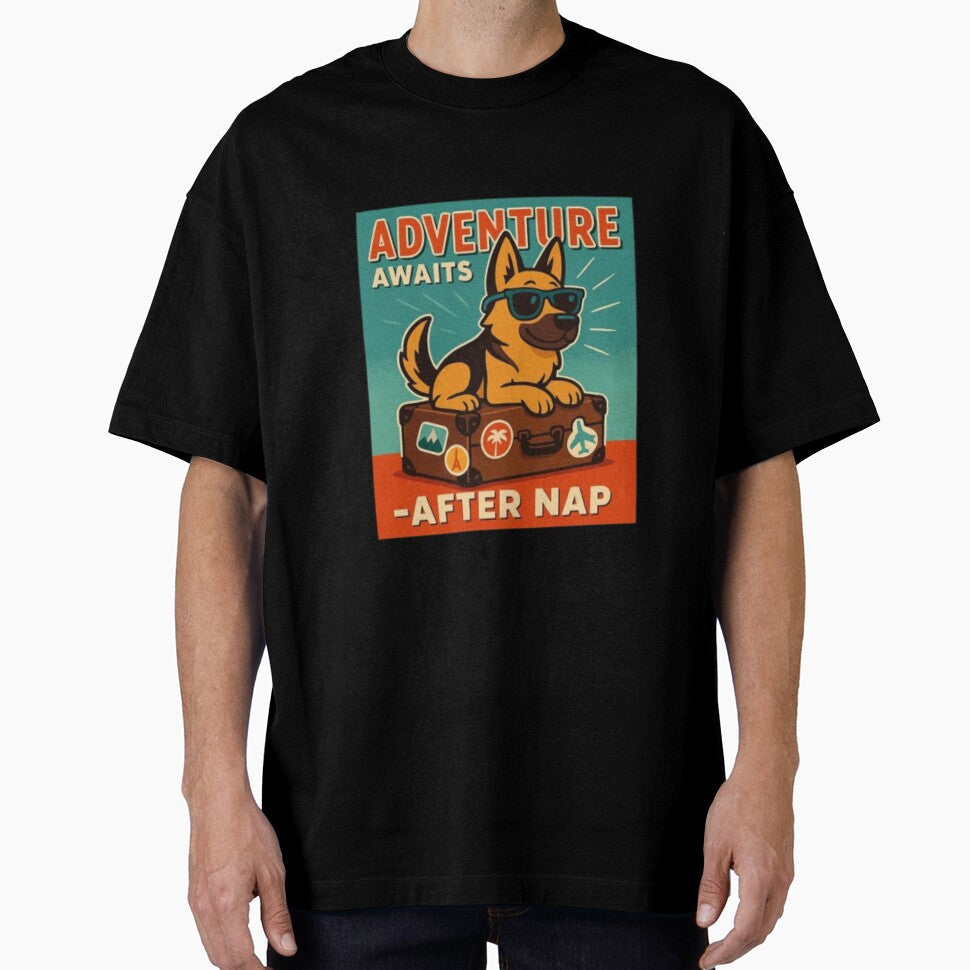 Adventure Awaits After Nap – Funny Sarcastic German Shepherd Dog Humor Design by Typologystudios