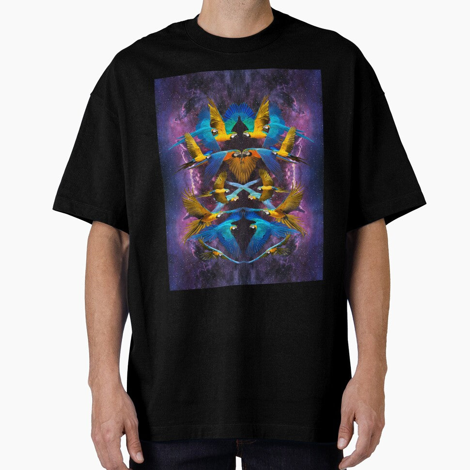 Flock of Blue and Gold Macaws with Purple Galactic Background by JungleVision