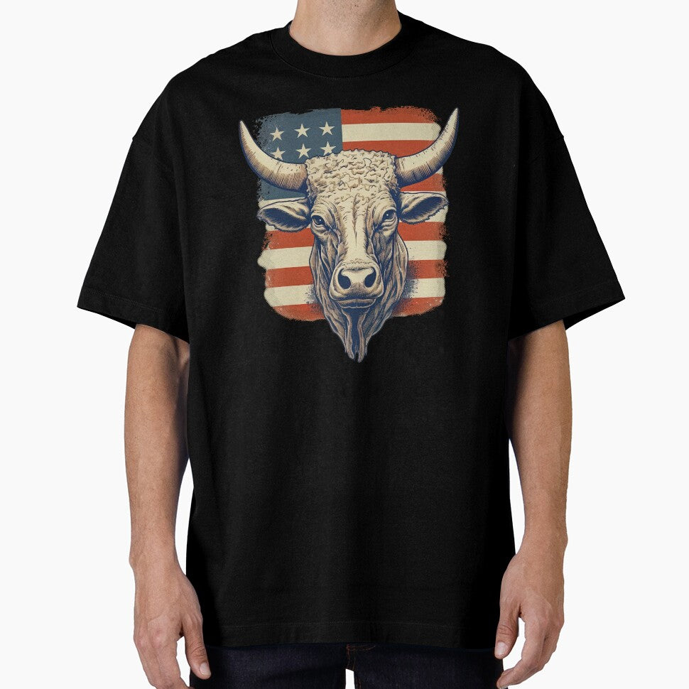 Patriotic Longhorn Bull with American Flag on Back by Dreamakerstudio