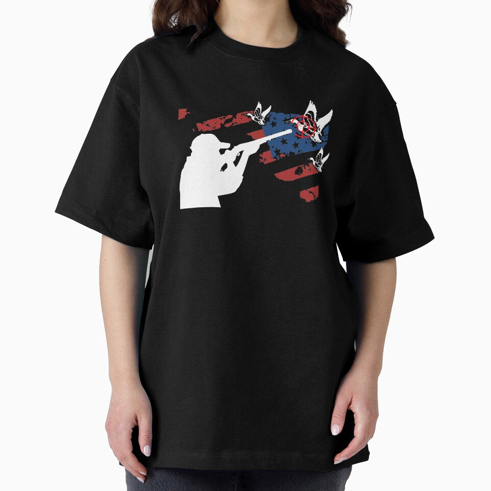 image of american flag with shadow of hunter aiming rifle at 3 flying ducks combi by hadleydesigns