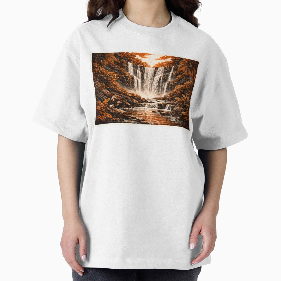 Amazon Waterfall Linocut Art – Tropical Jungle Waterfall Retro Poster by DrizzyV