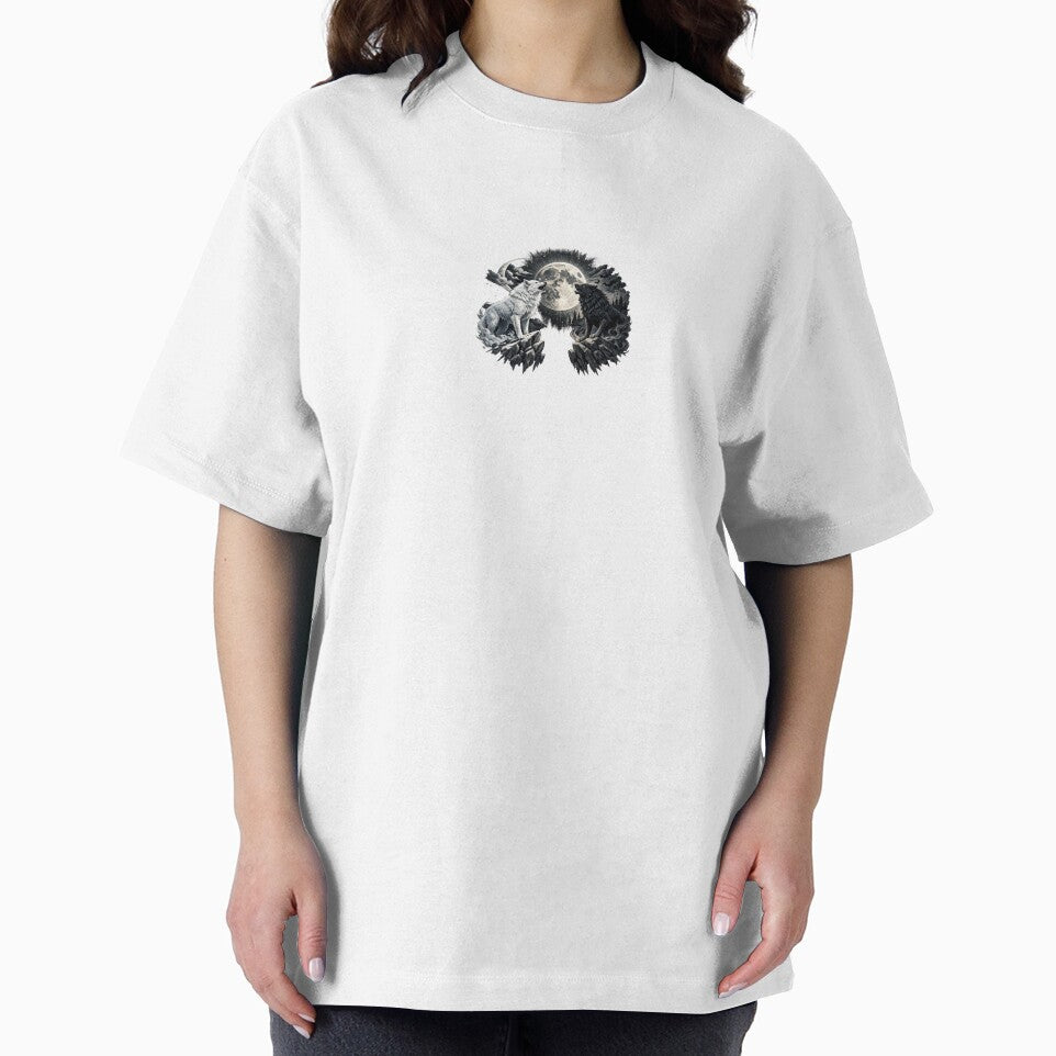 White Wolf vs Black Wolf Moon Night Premium T-Shirt Design | Mystic Dual Wolves Mountain Art by KALA-PXL