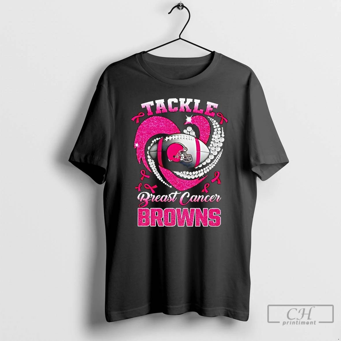 Premium Cleveland Browns Breast Cancer Awareness Tackle Heart T Shirts